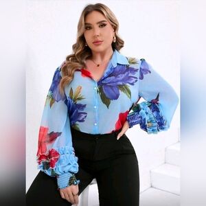 Floral Blue Chiffon Blouse